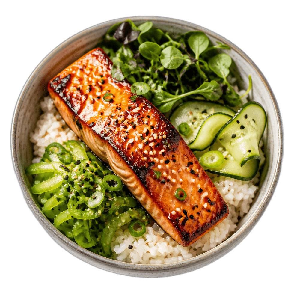 Crispy miso salmon bowl plated with rice and greens