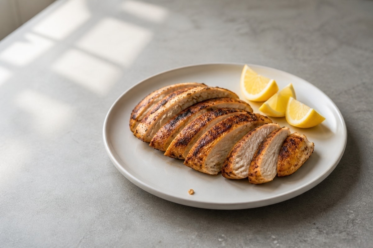 Sliced air fryer chicken breast with paprika seasoning