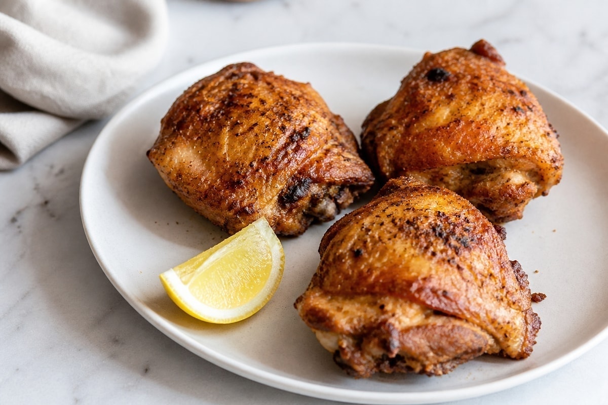 Air fryer chicken thighs with browned edges on a plate