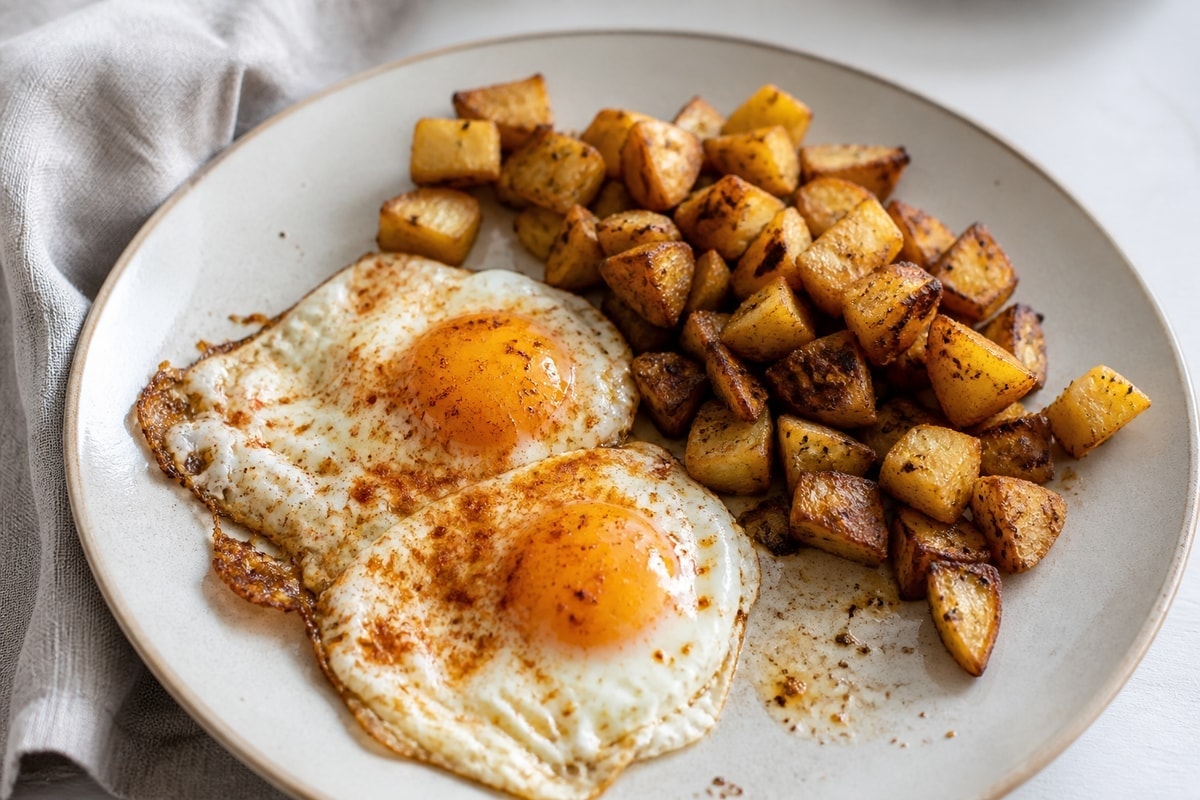 Air fryer crispy potatoes with eggs on a plate