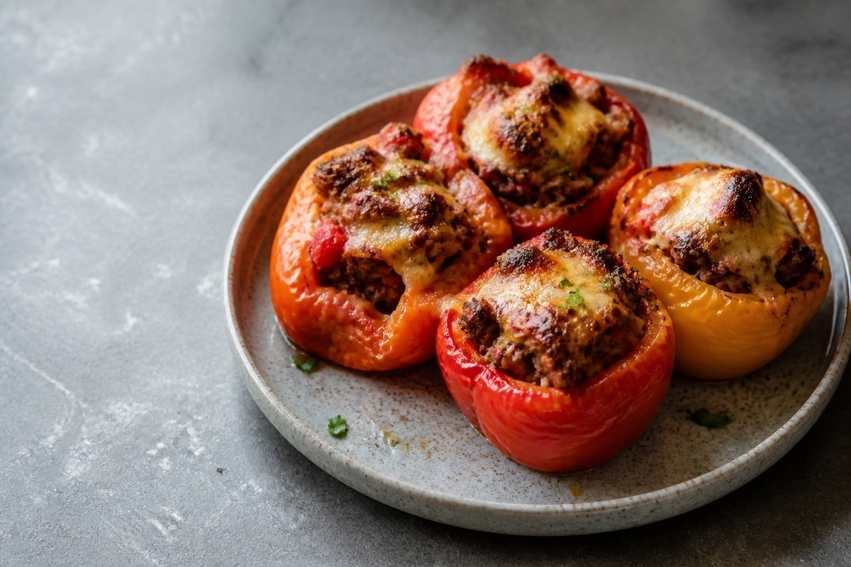 Air fryer stuffed peppers with turkey, rice, and melted cheese
