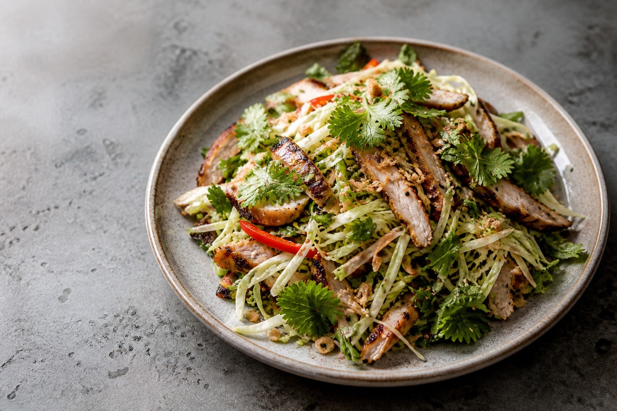 Asian chicken crunch salad with cabbage and herbs