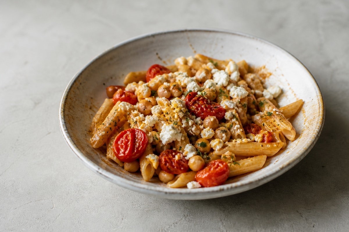 Baked feta pasta with cherry tomatoes and chickpeas