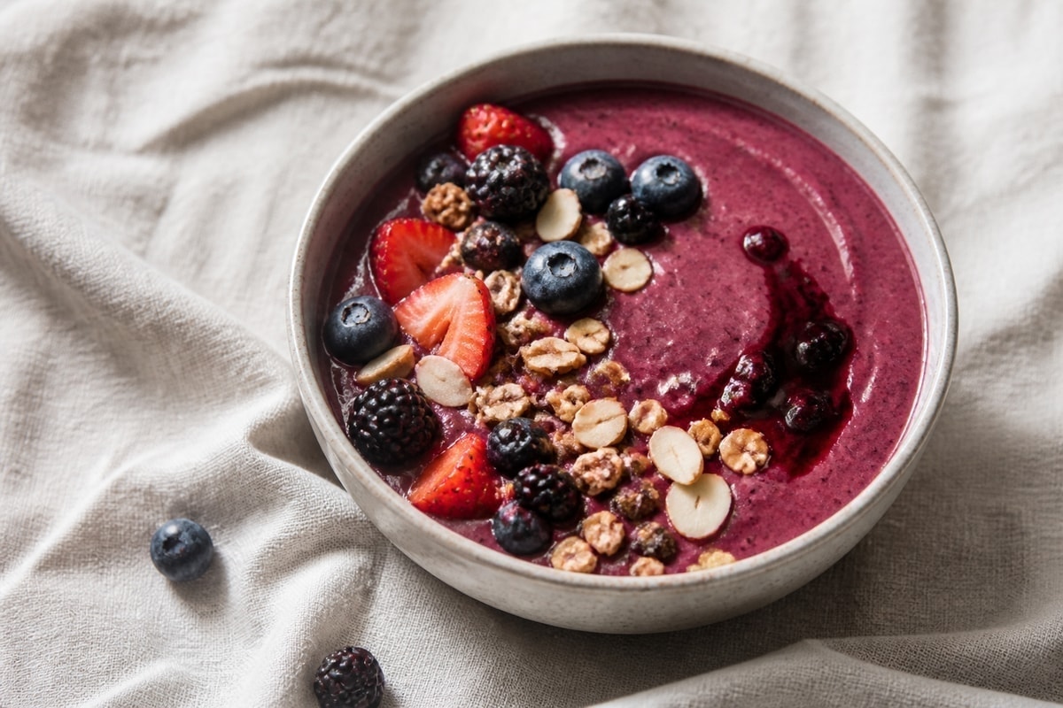 Berry protein smoothie bowl topped with granola and fresh berries