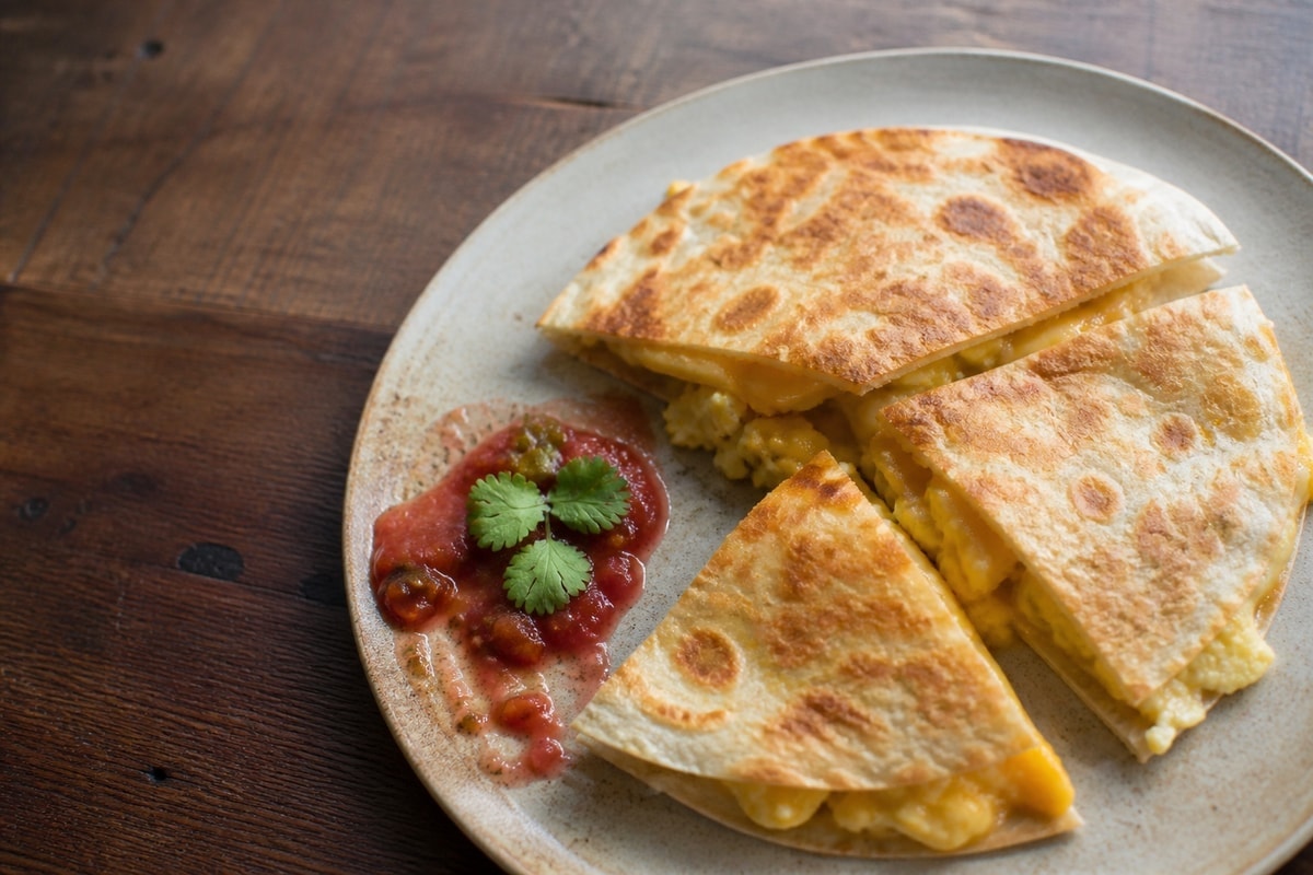 Breakfast quesadilla cut into wedges with eggs and salsa