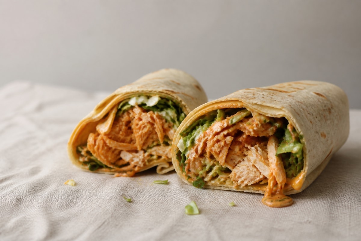 Buffalo chicken wrap cut in half with yogurt drizzle
