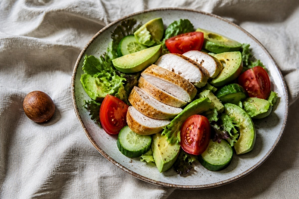 Chicken avocado salad with cucumber, tomato, and lime