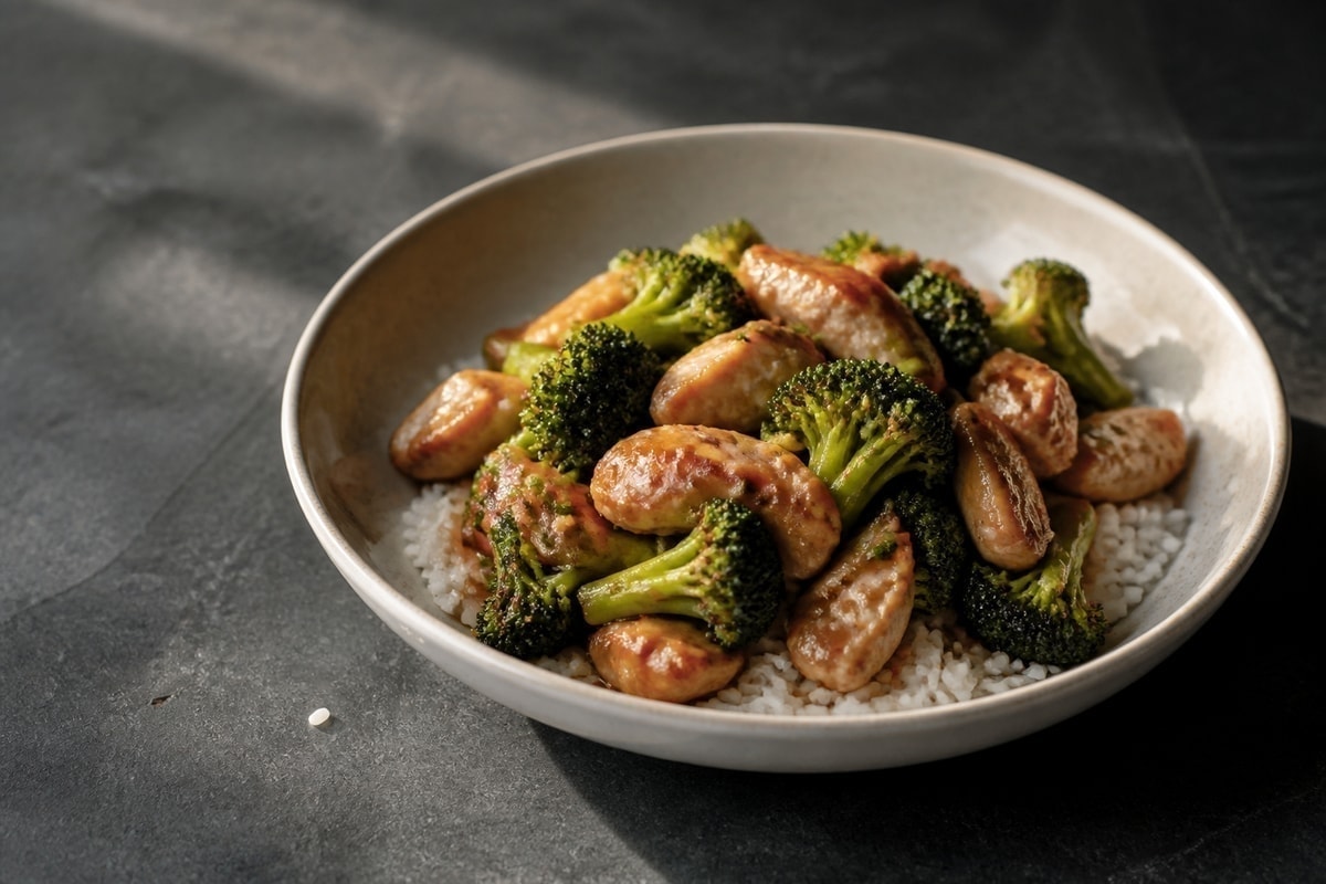 Chicken and broccoli stir-fry over rice in a bowl