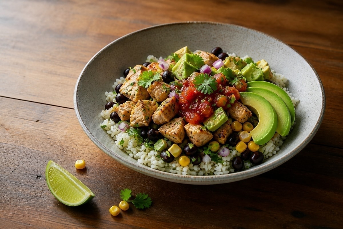 Chicken burrito bowl with rice, beans, corn, and avocado