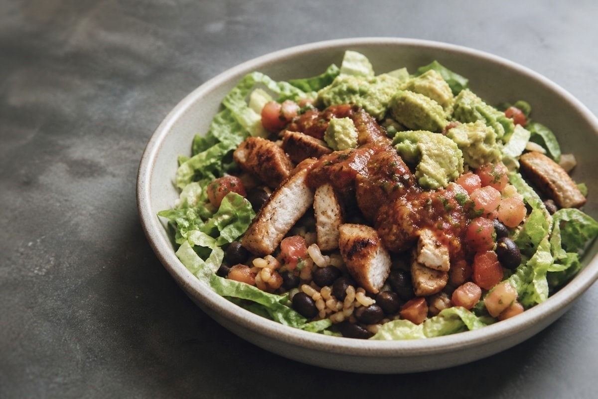 Chicken burrito salad with beans, corn, salsa, and yogurt