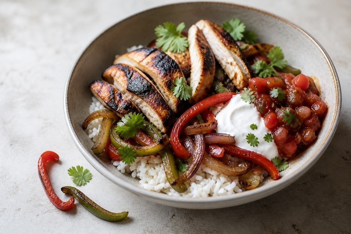 Chicken fajita bowl with peppers, rice, salsa, and yogurt