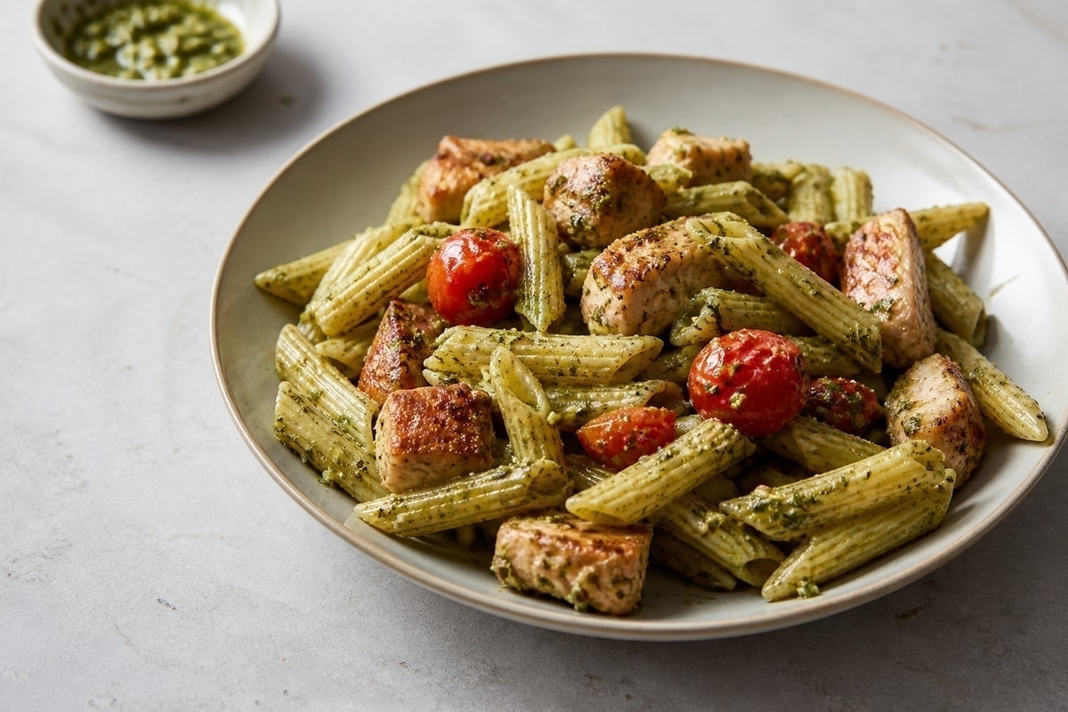 Chicken pesto pasta with cherry tomatoes and spinach