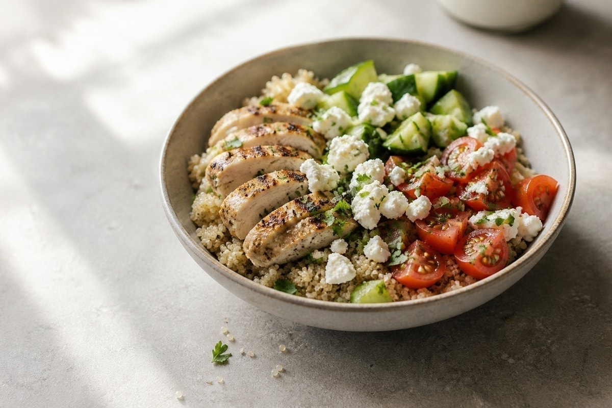 Chicken quinoa bowl with cucumber, tomato, feta, and herbs