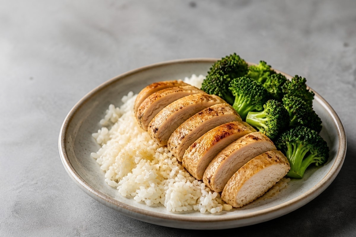 Chicken rice protein bowl with garlic broccoli