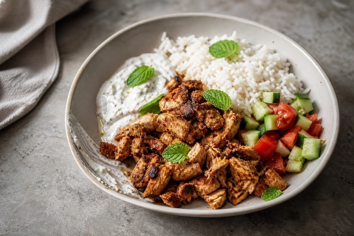 Chicken shawarma bowl with rice, cucumber, tomato, and yogurt sauce