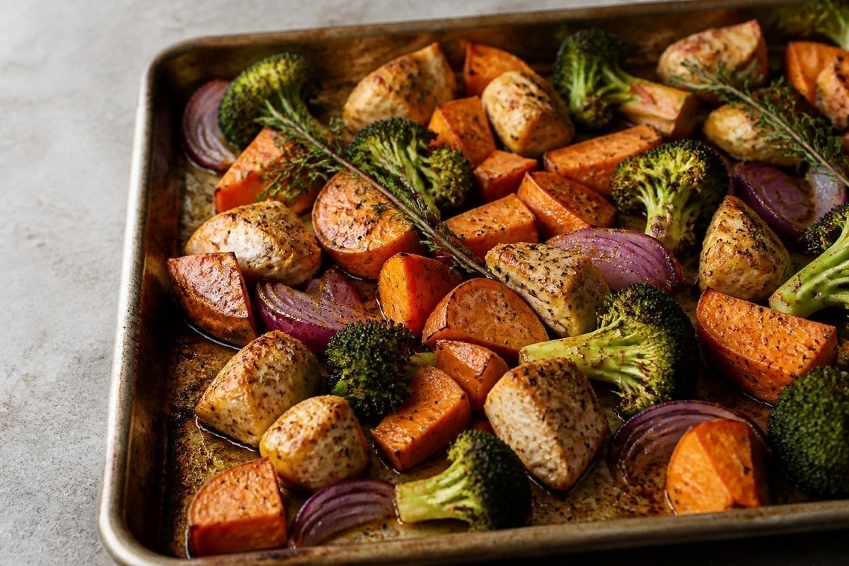 Tray-bake chicken thighs with sweet potato, onion, and broccoli