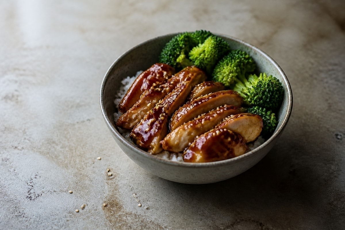 Chicken teriyaki rice bowl with broccoli and green onion