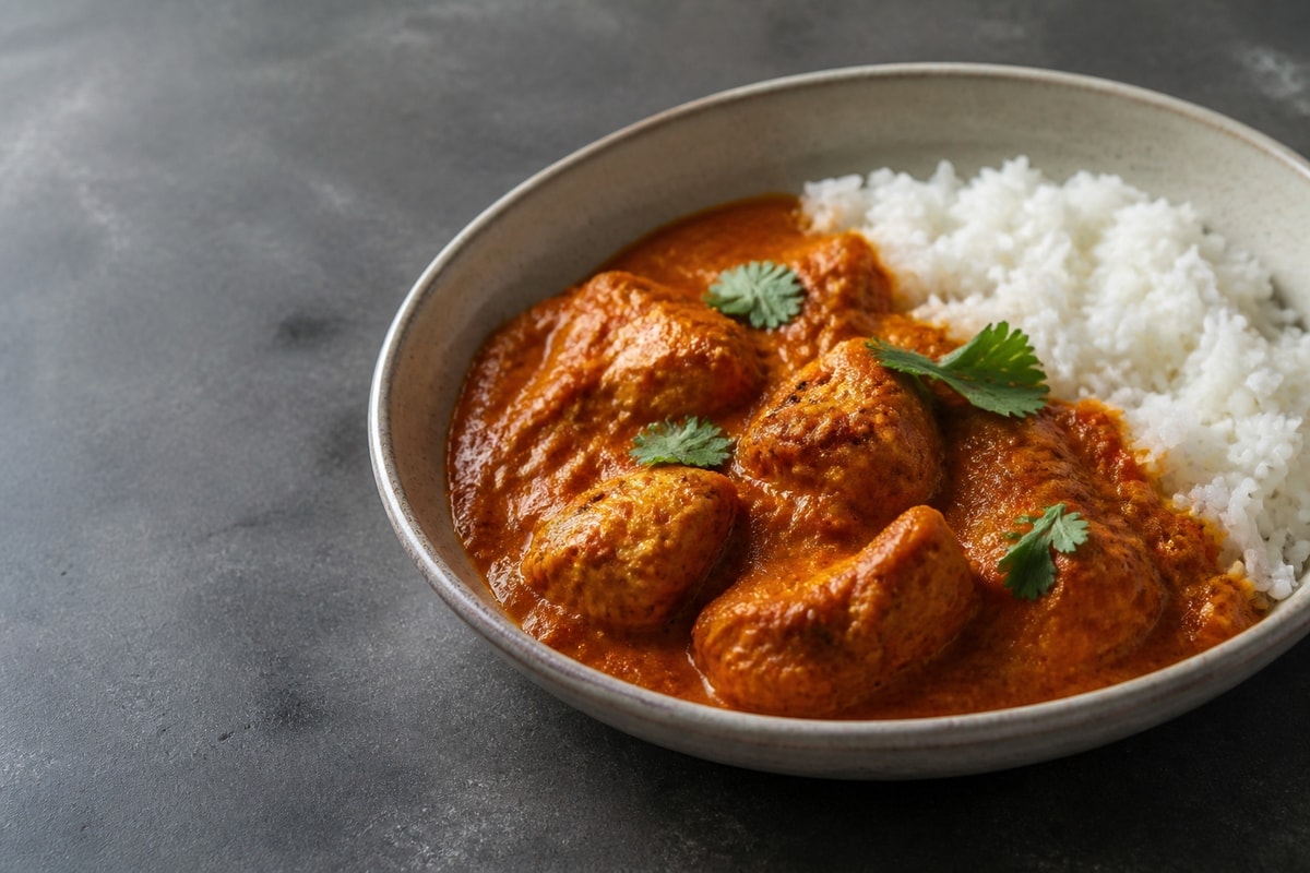 Chicken tikka masala over rice with yogurt sauce