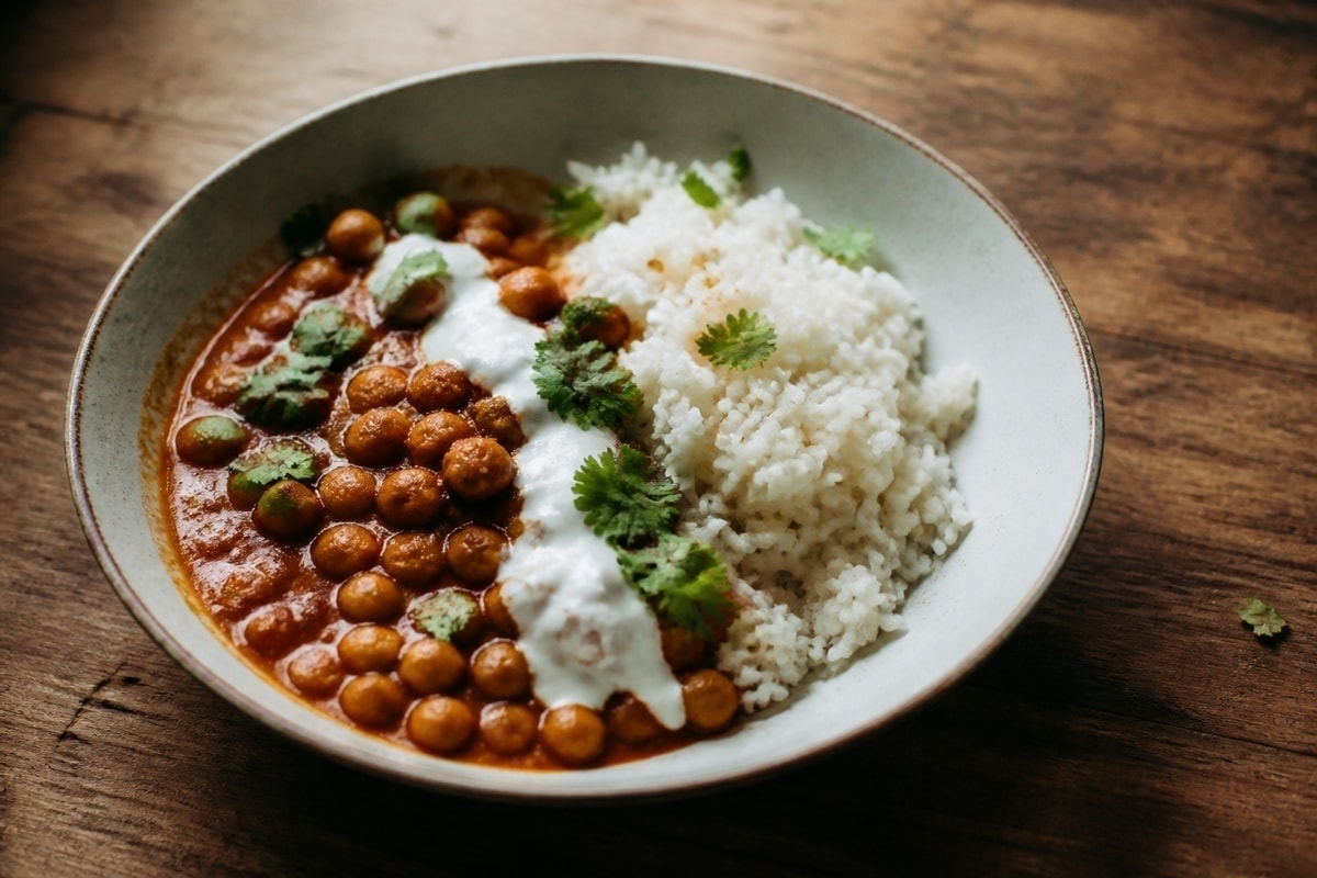 Chickpea curry with spinach over rice and yogurt