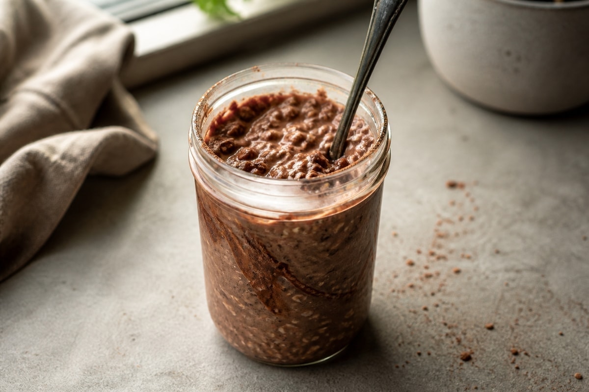 High protein chocolate overnight oats in a jar