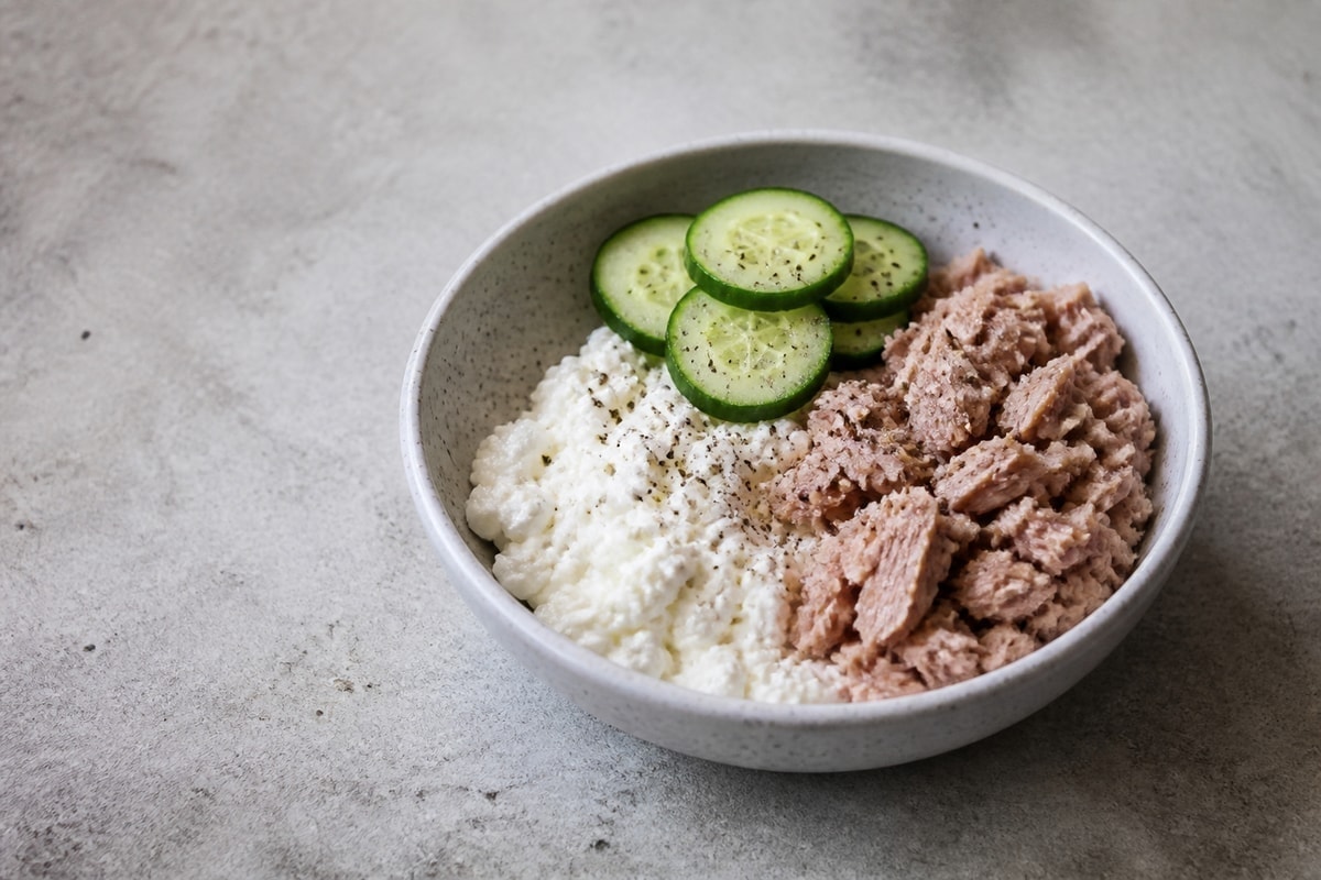 Cottage cheese and tuna bowl with cucumber and chili