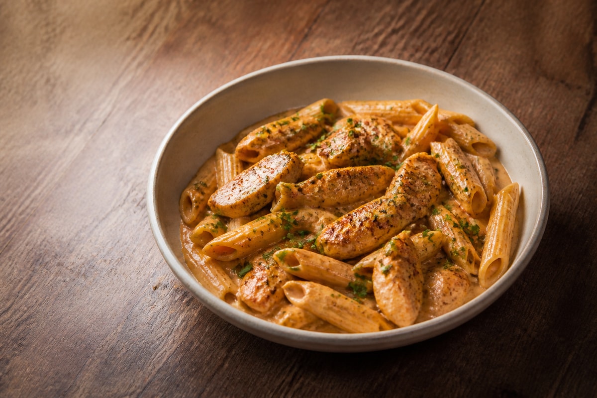 Creamy Cajun chicken pasta in a shallow bowl