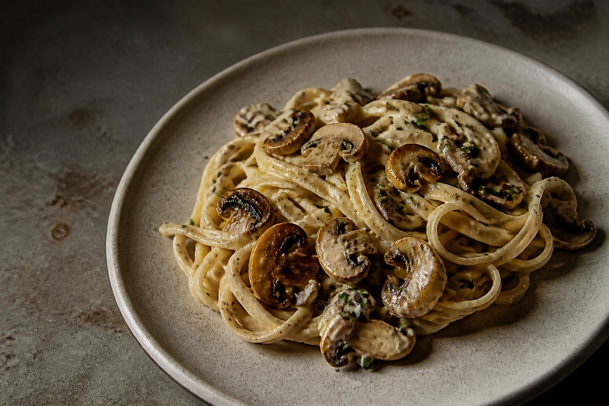 Creamy garlic mushroom pasta in a bowl