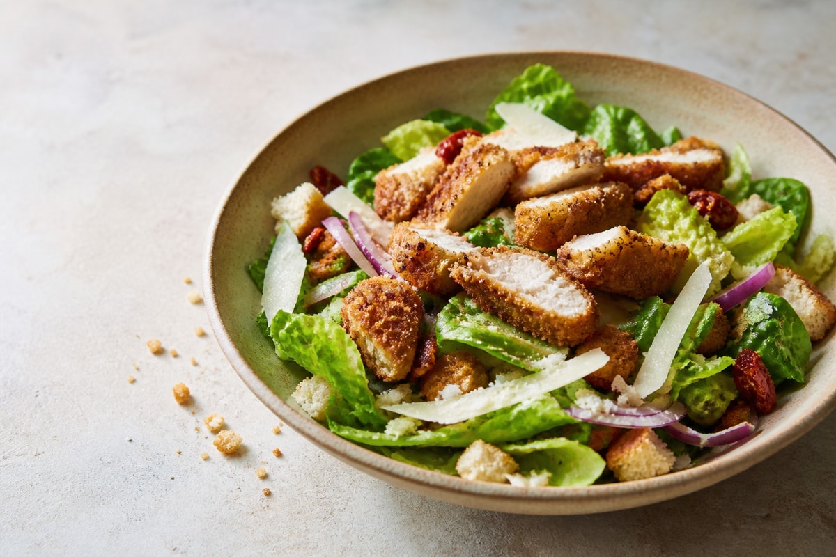 Crispy chicken salad bowl with greens and yogurt dressing