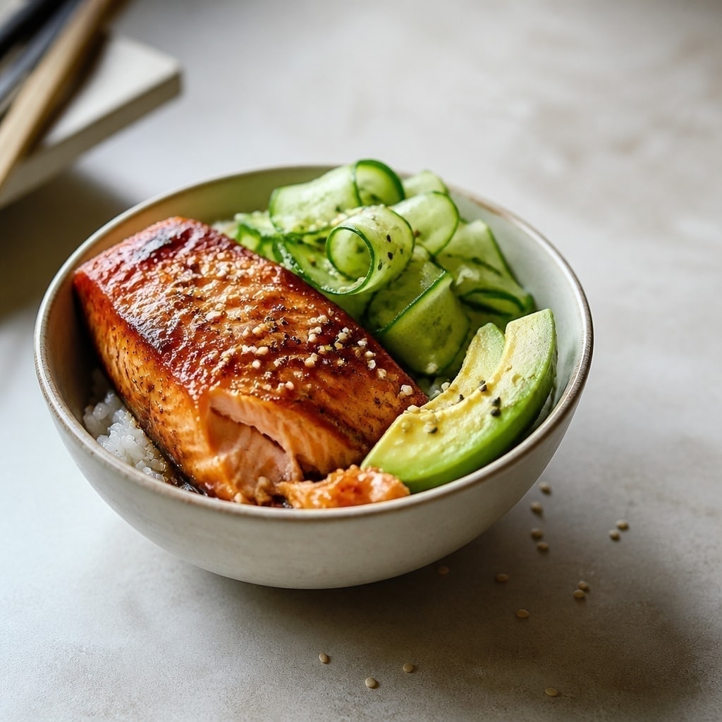 Miso-glazed salmon bowl with rice, avocado, and cucumber