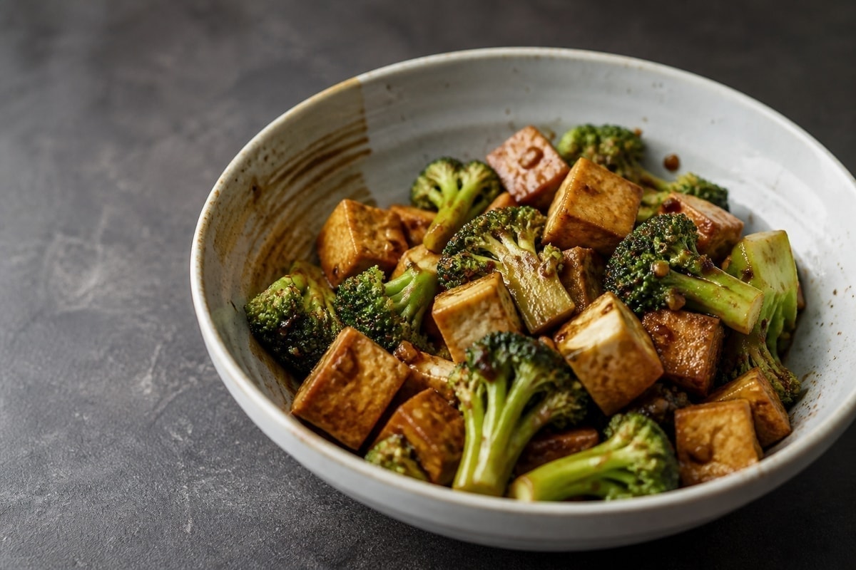 Crispy tofu stir fry with broccoli and garlic-soy glaze