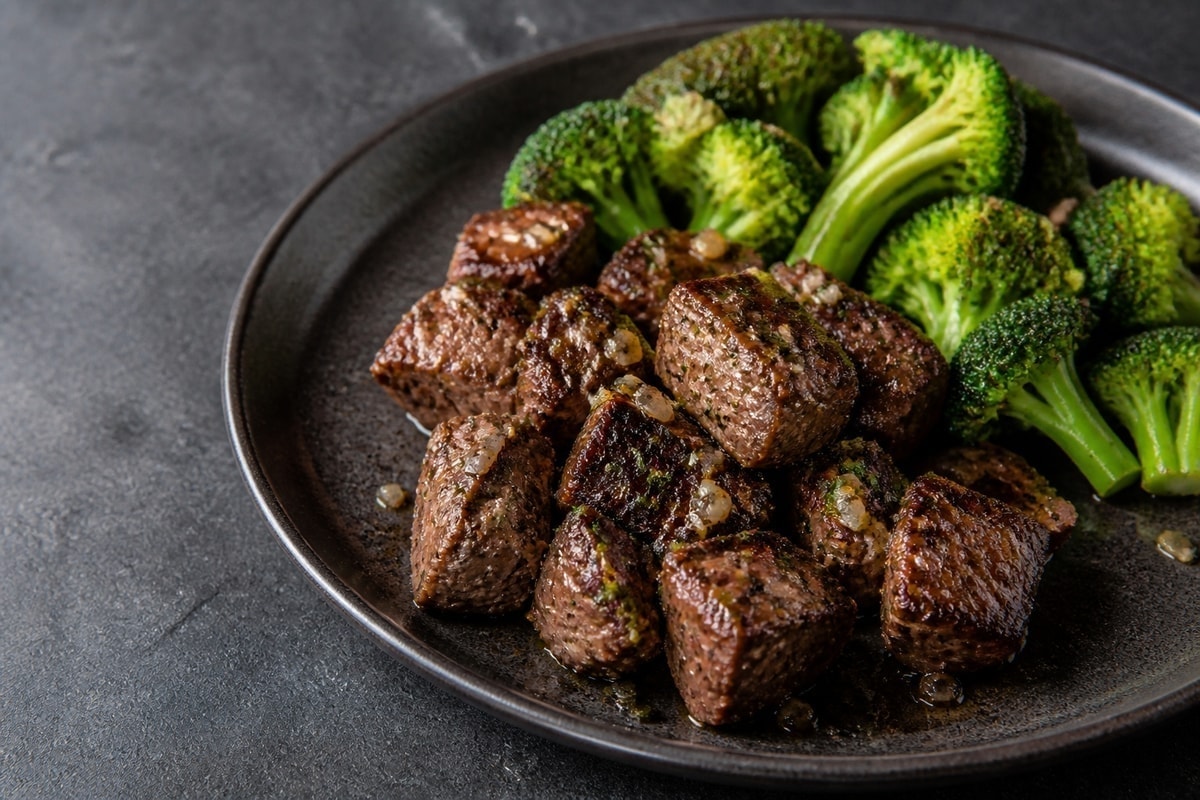 Garlic butter steak bites with broccoli in a skillet