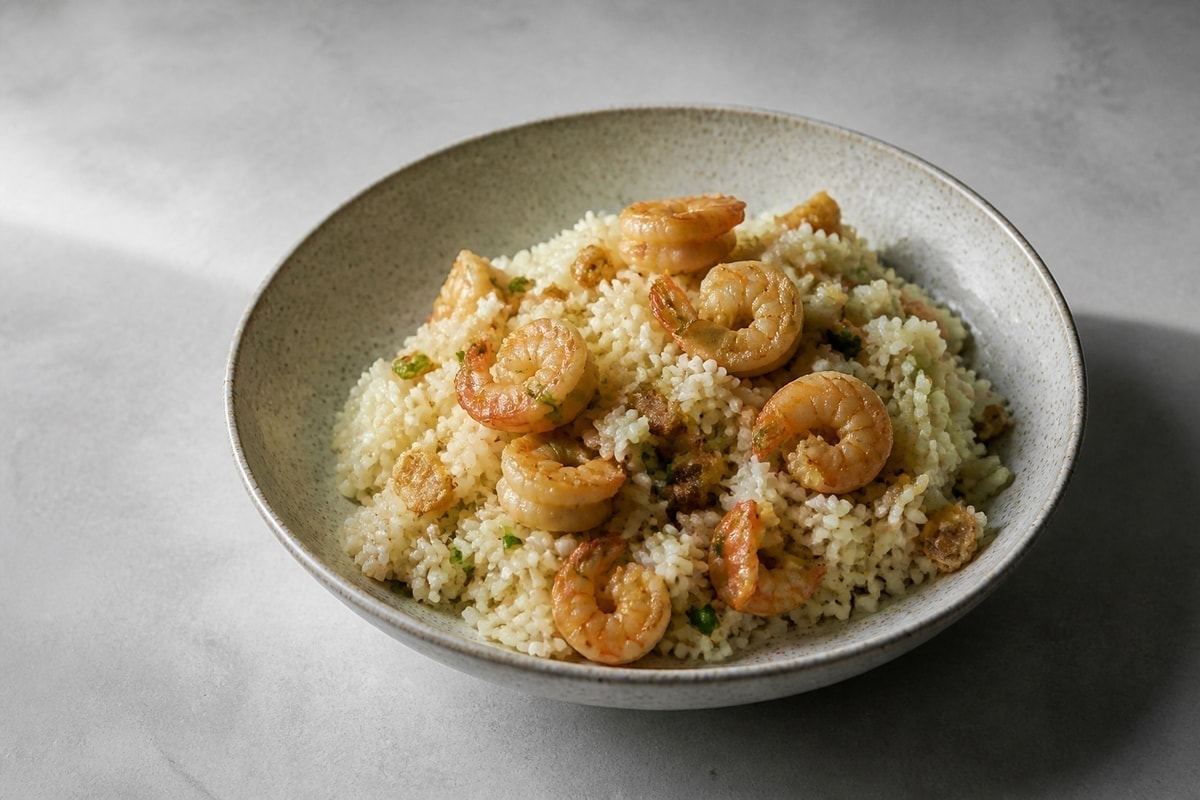 Garlic prawns over rice with greens and lemon