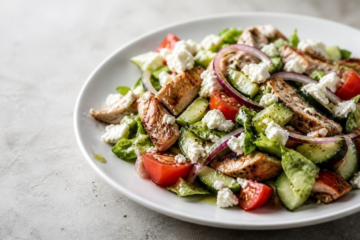 Greek chicken salad with feta, cucumber, tomato, and red onion