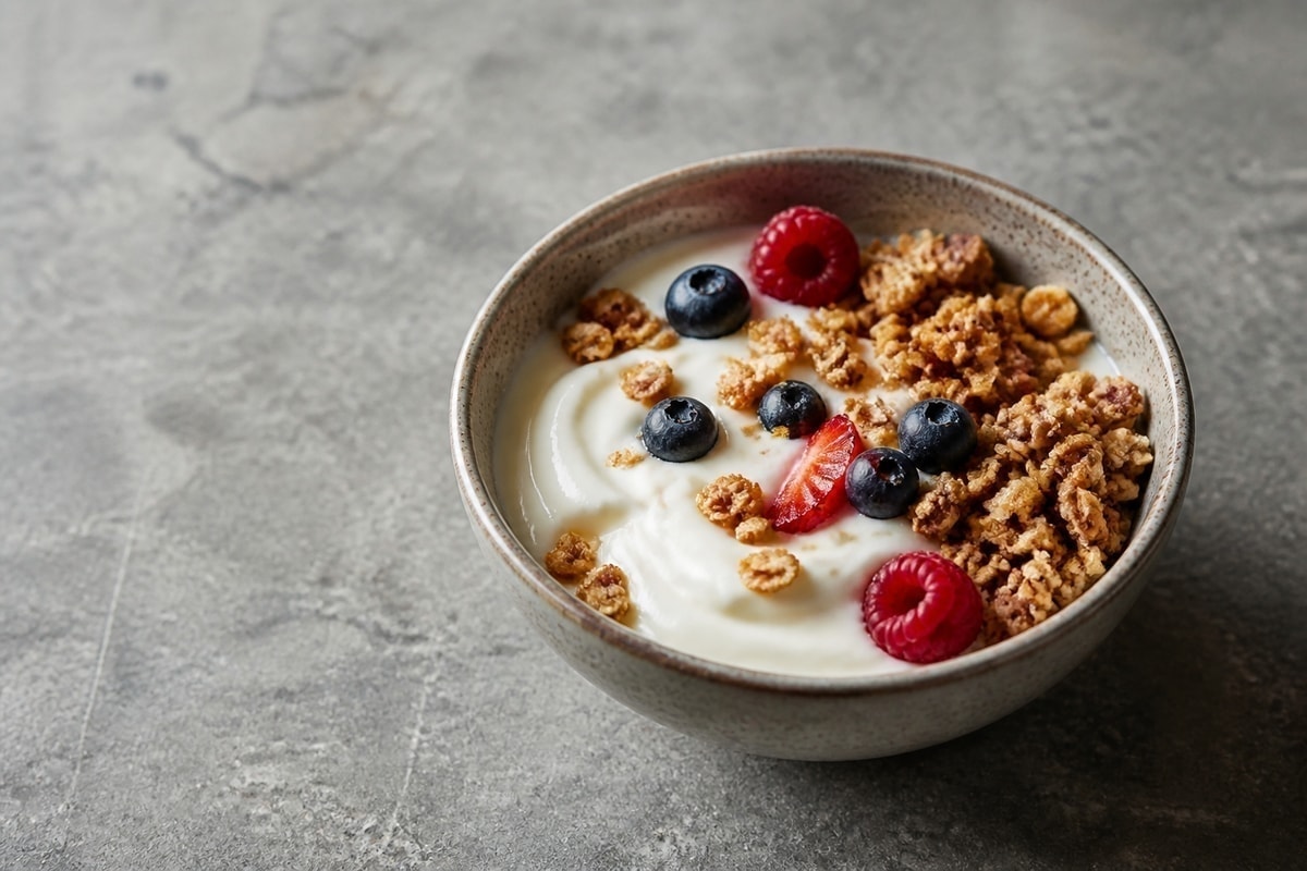 Greek yogurt protein bowl with berries, honey, and granola