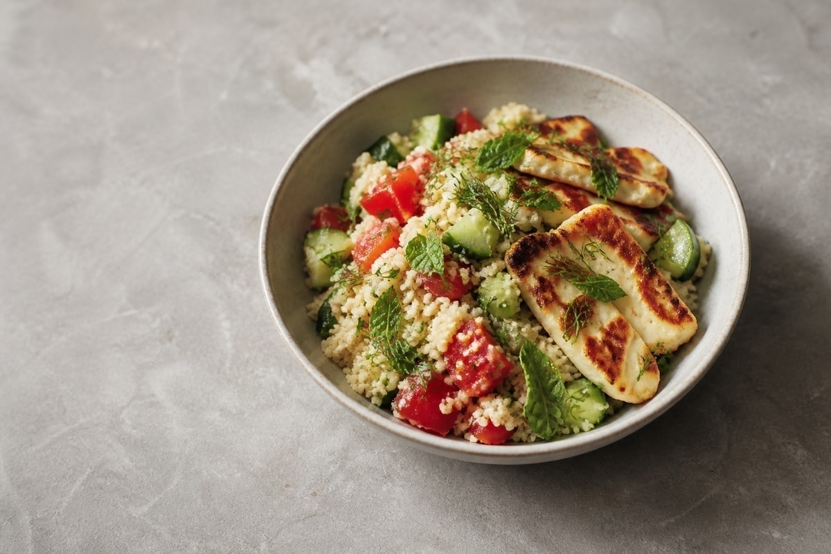 Seared halloumi over couscous with cucumber, tomato, and herbs