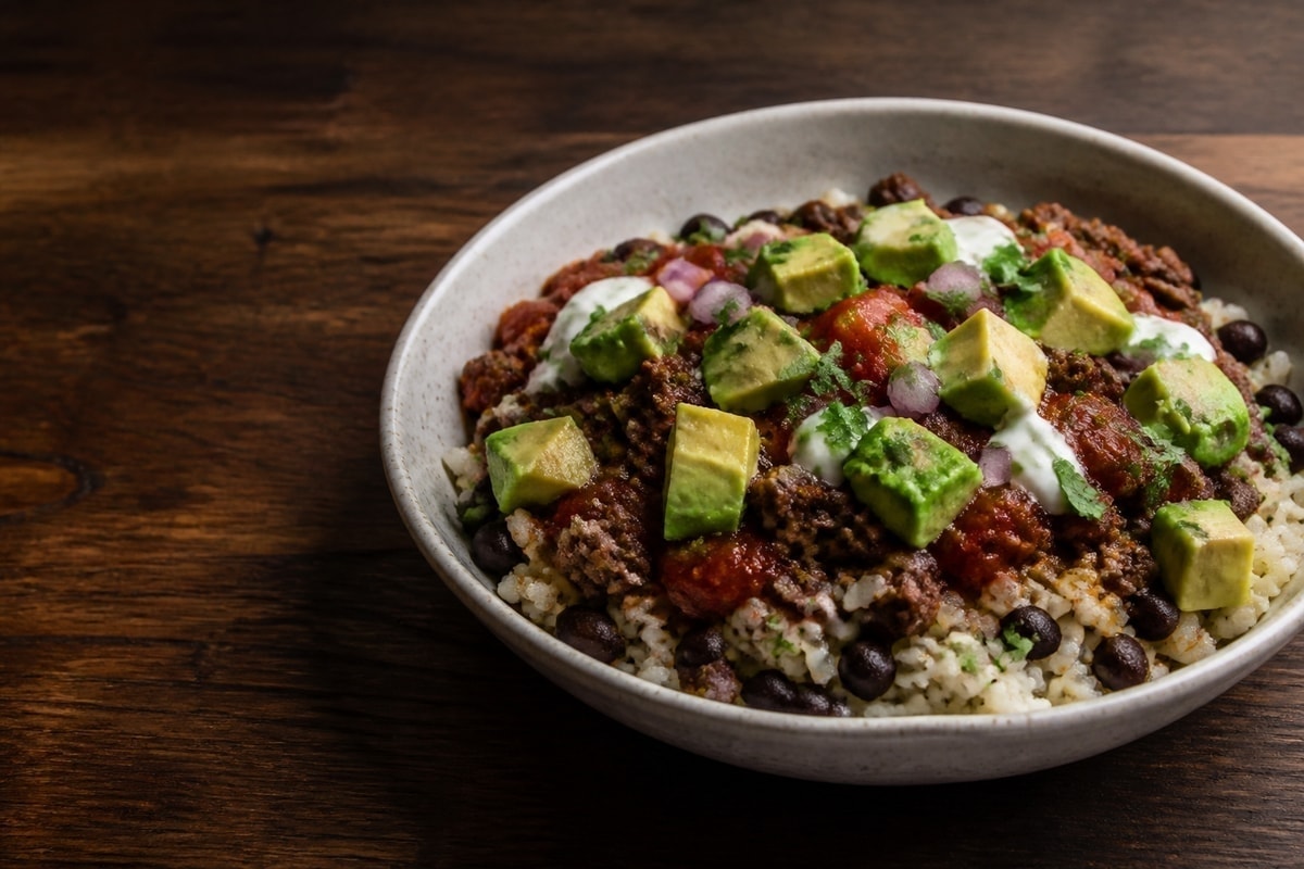 Beef burrito bowl with rice, beans, salsa, and lettuce