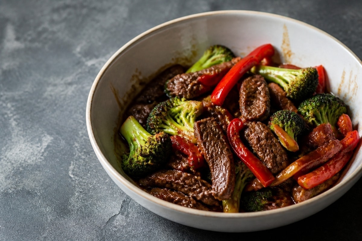 Beef stir fry with broccoli and peppers in a skillet