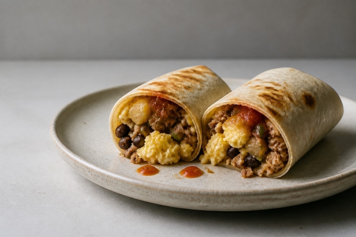 High protein breakfast burrito cut open with eggs, turkey, and salsa
