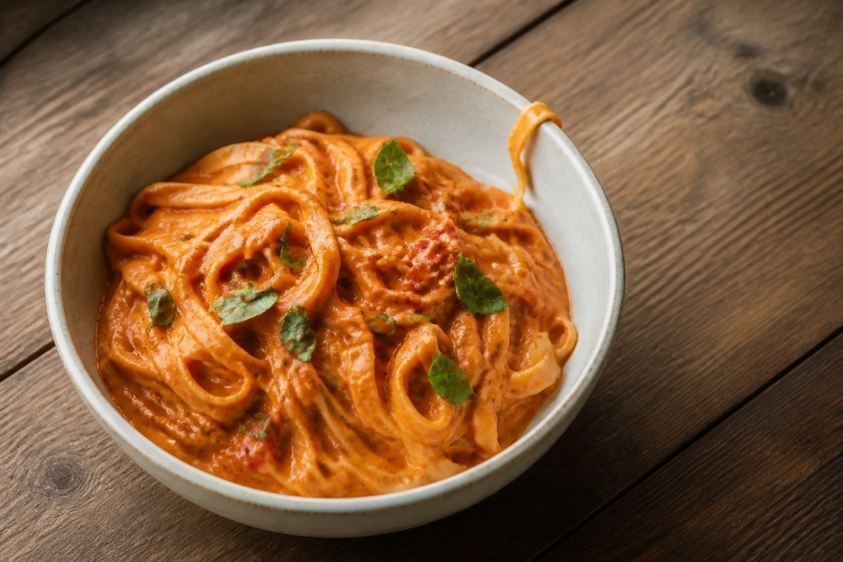 Creamy tomato pasta with spinach in a shallow bowl