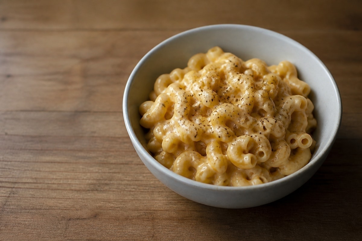 High protein mac and cheese in a bowl