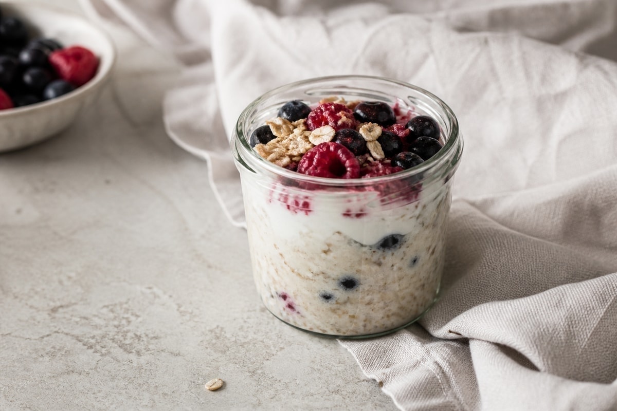 High protein overnight oats with berries and maple in a jar
