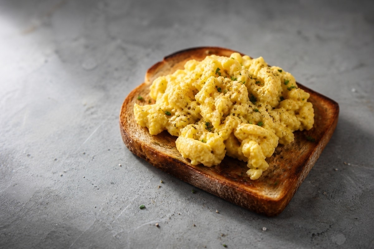High protein scrambled eggs with cottage cheese on toast