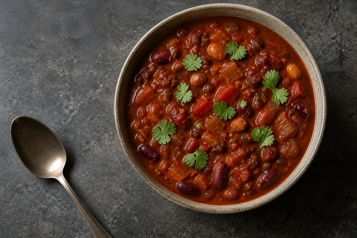 Bowl of vegetarian bean chilli with tomatoes and spices