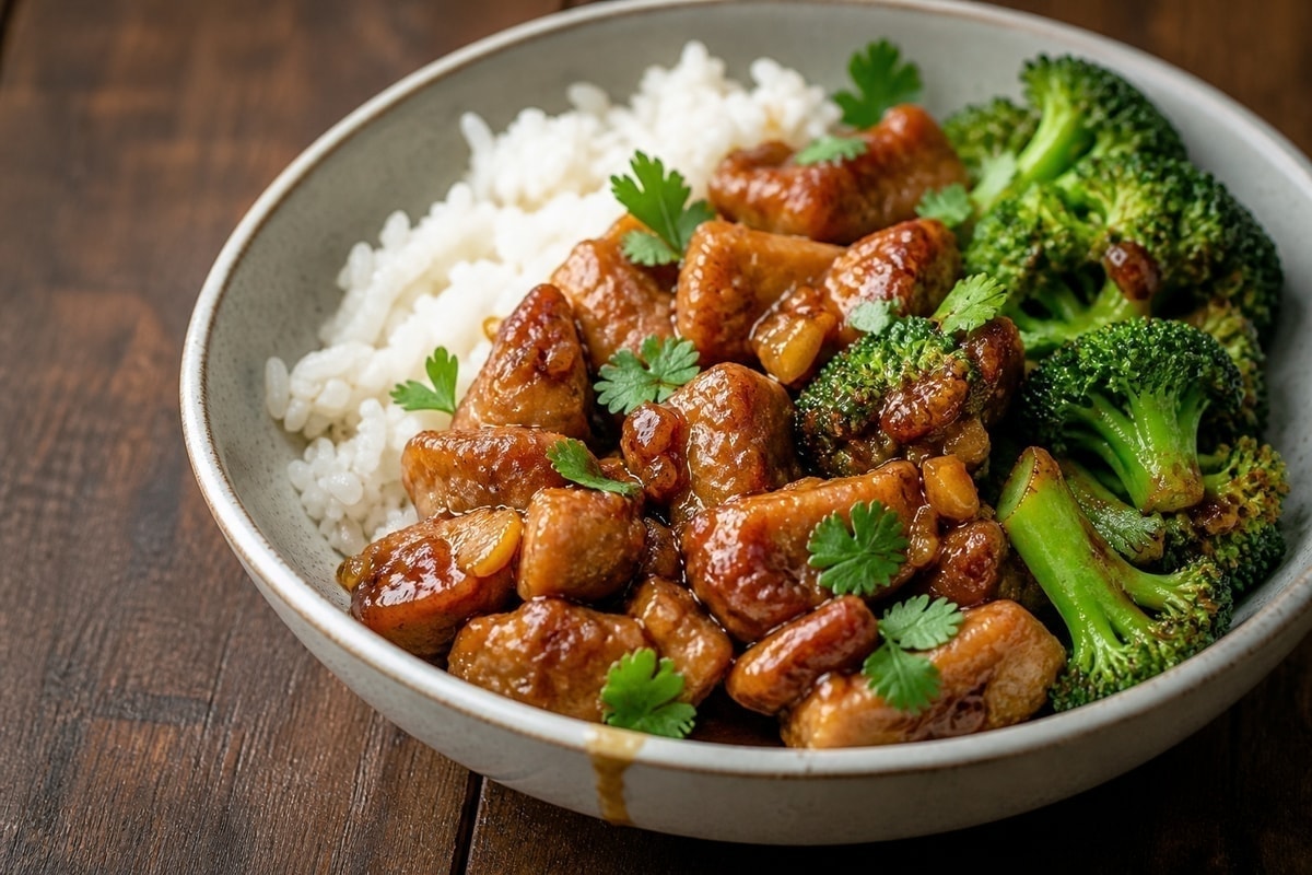 Honey garlic chicken with broccoli over rice
