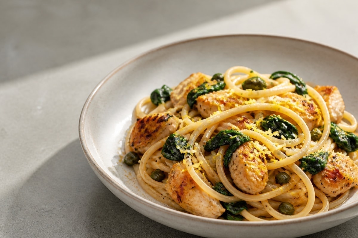 Lemon chicken pasta with spinach and Parmesan