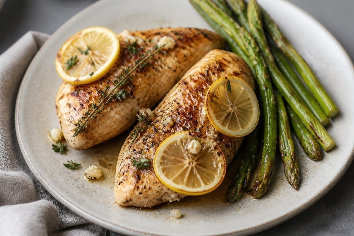 Lemon garlic chicken breasts with asparagus in a skillet