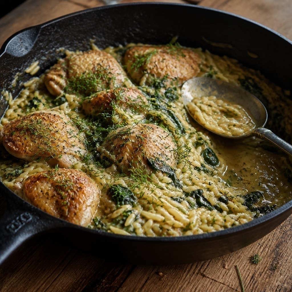 Lemon herb chicken orzo with spinach in a skillet