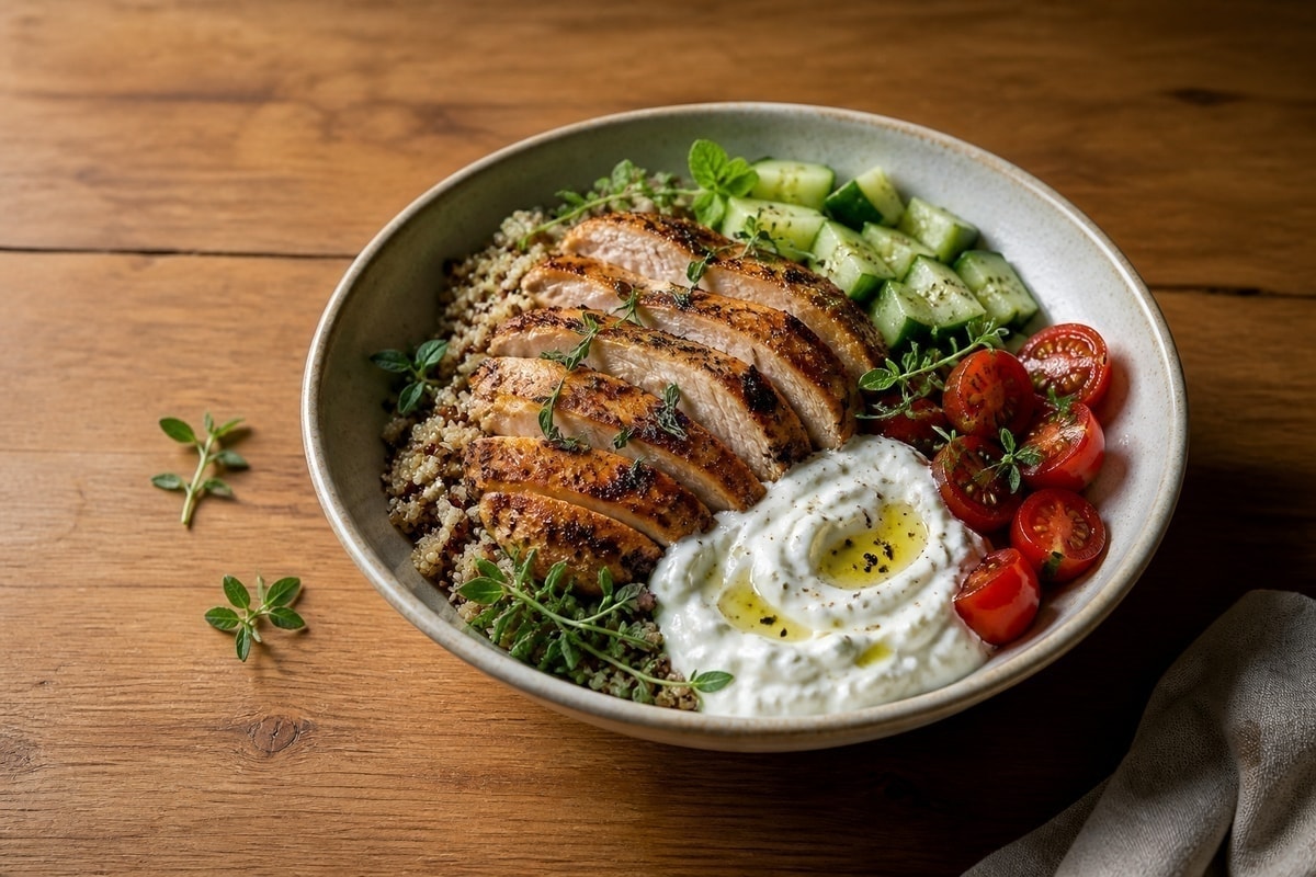 Mediterranean chicken bowl with quinoa, vegetables, and yogurt