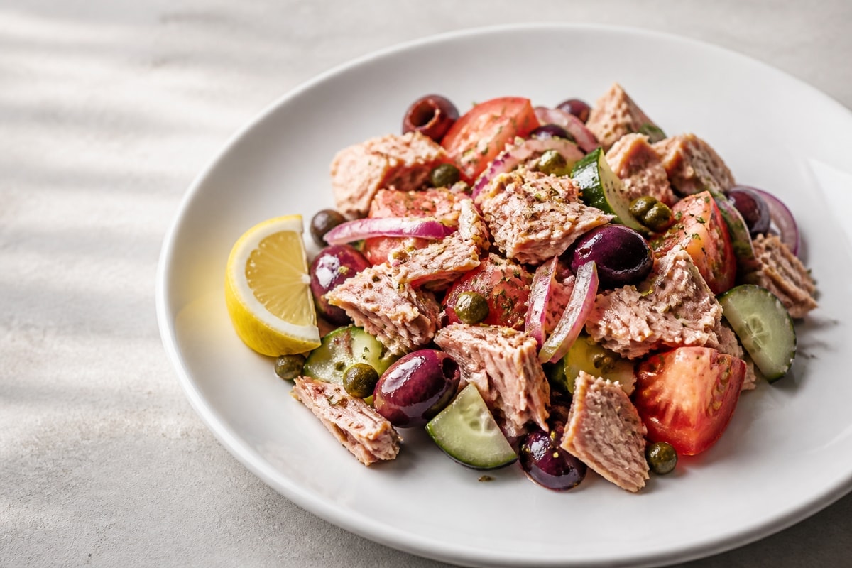 Mediterranean tuna salad with cucumber, tomato, and olives