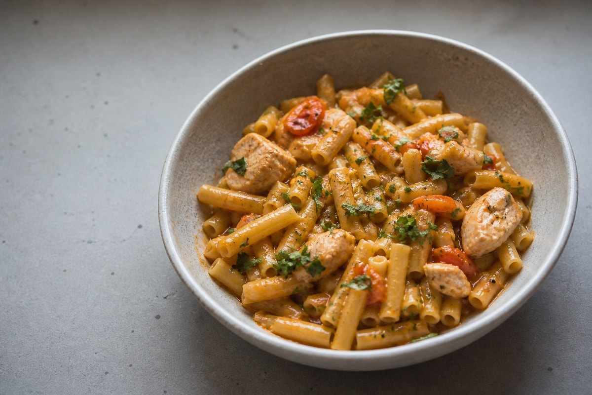One pot chicken pasta in a tomato sauce